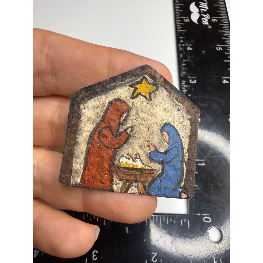Hand Painted Nativity Scene Brooch Savior Signed Kelly Religious Christmas Pin